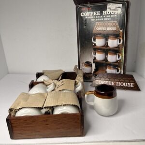 Vintage Wooden Coffee House with 6 Stoneware Mugs New By Jan-mor